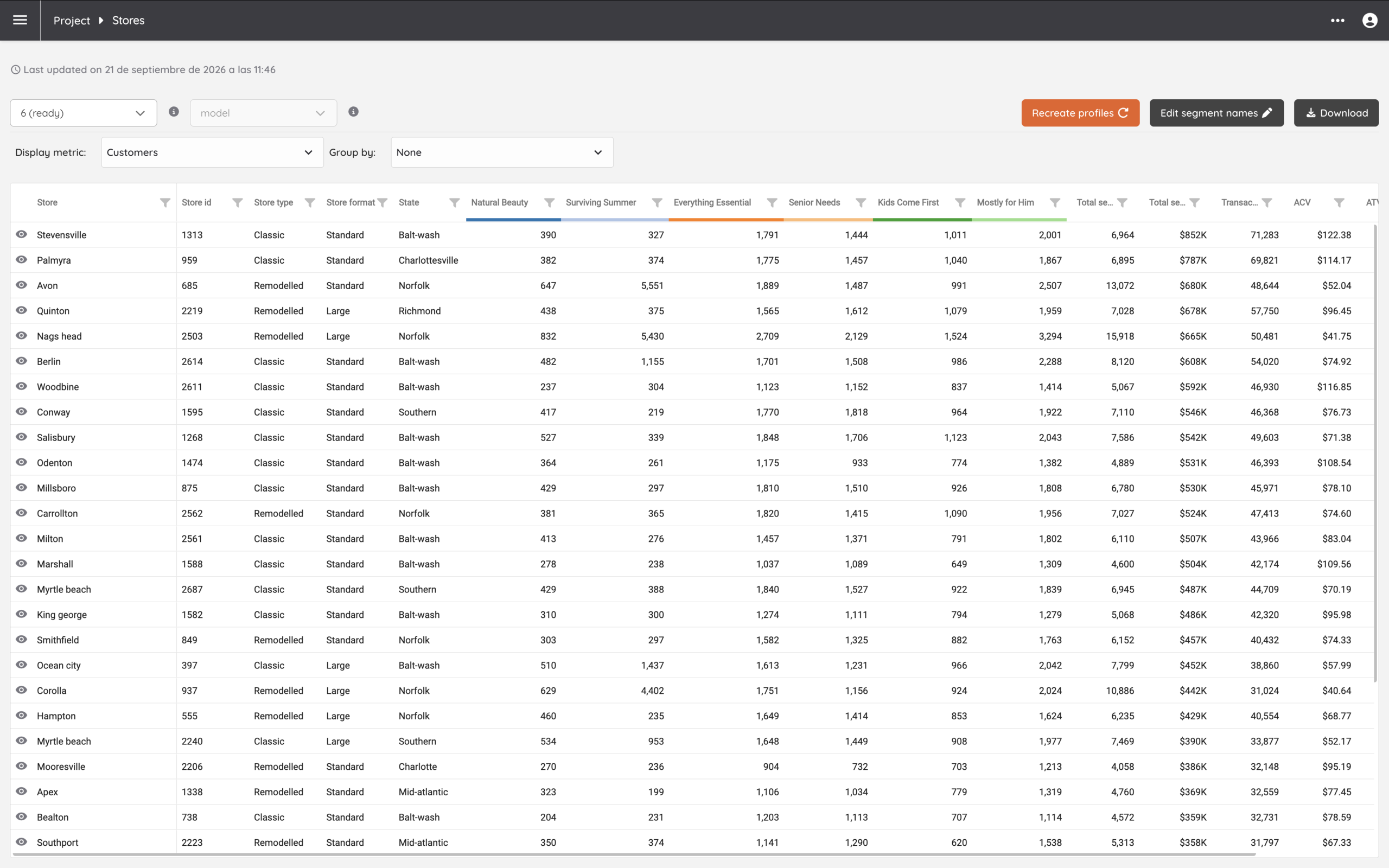 Shopperwise store analysis comparing customer segments across stores